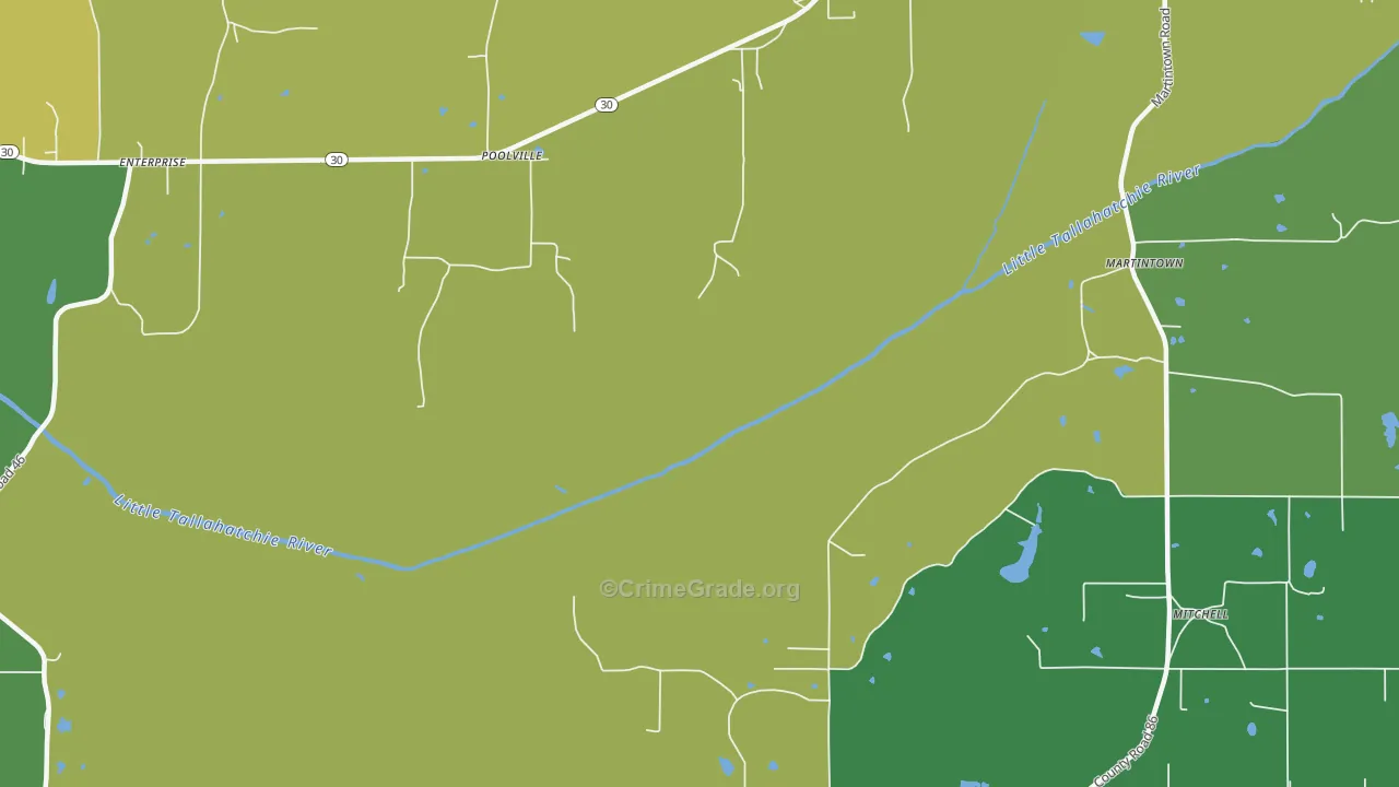 Poolville, MS Map of Vehicle Theft Rates