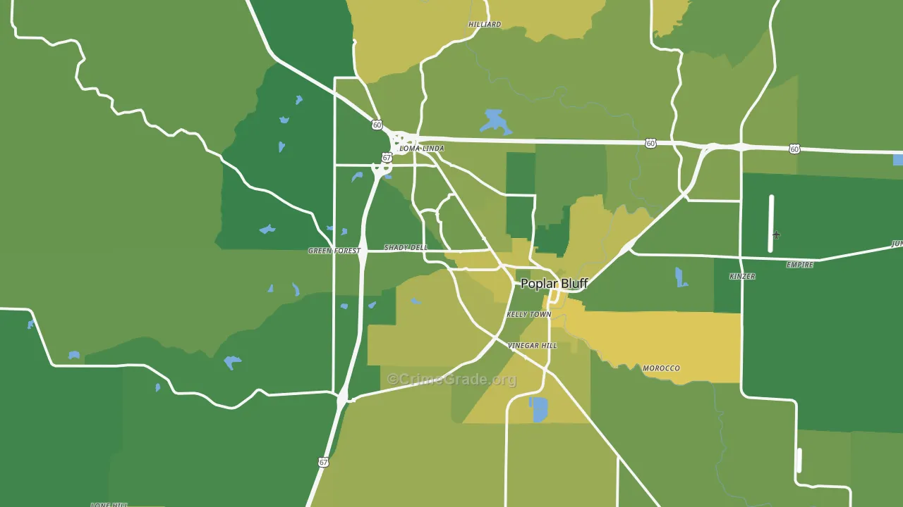 Poplar Bluff, MO Map of Vehicle Theft Rates