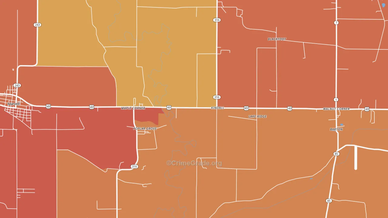 Poplar Grove, AR Map of Vehicle Theft Rates