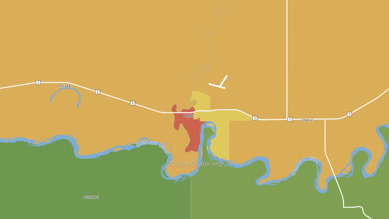 Poplar, MT Map of Vehicle Theft Rates