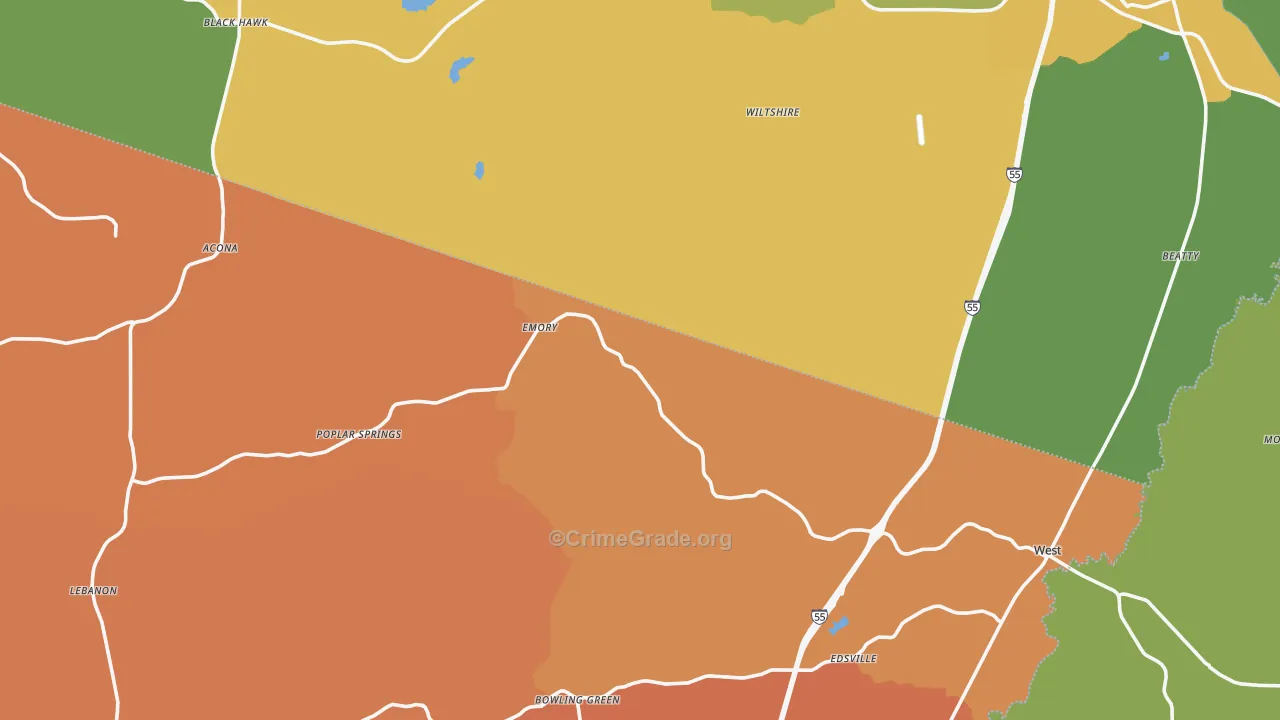 Poplar Springs, MS Map of Vehicle Theft Rates