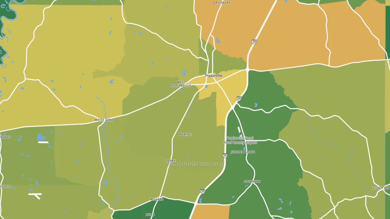 Poplarville, MS Map of Vehicle Theft Rates