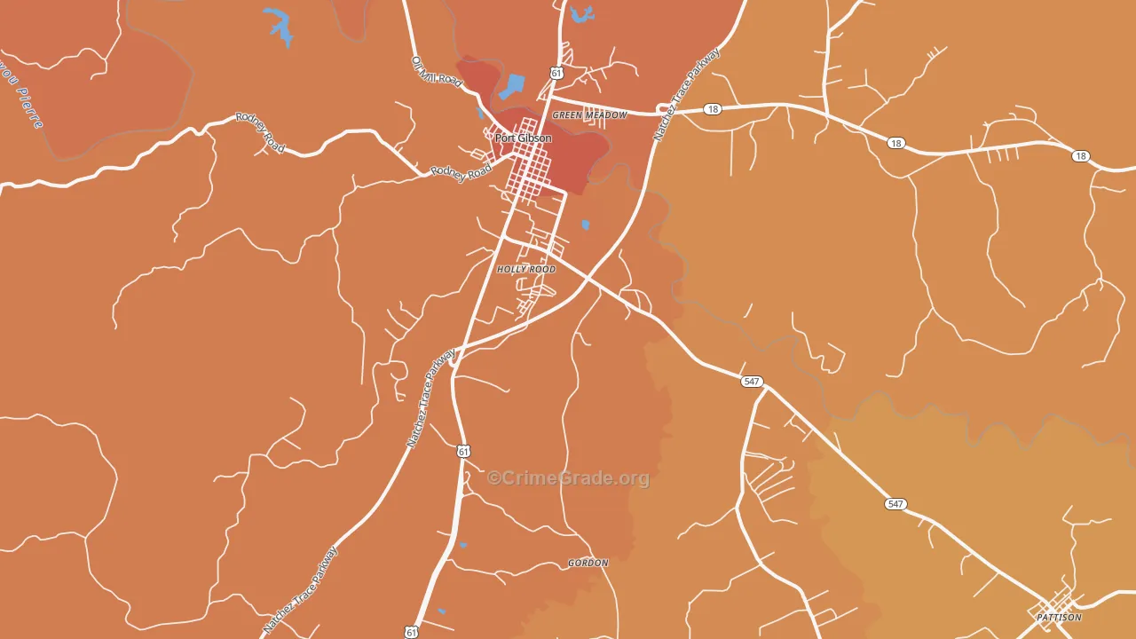 Port Gibson, MS Map of Vehicle Theft Rates