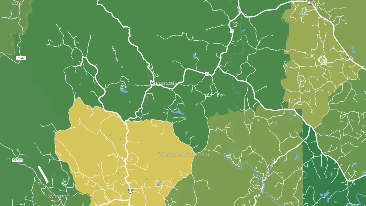 Porter Springs, GA Map of Vehicle Theft Rates