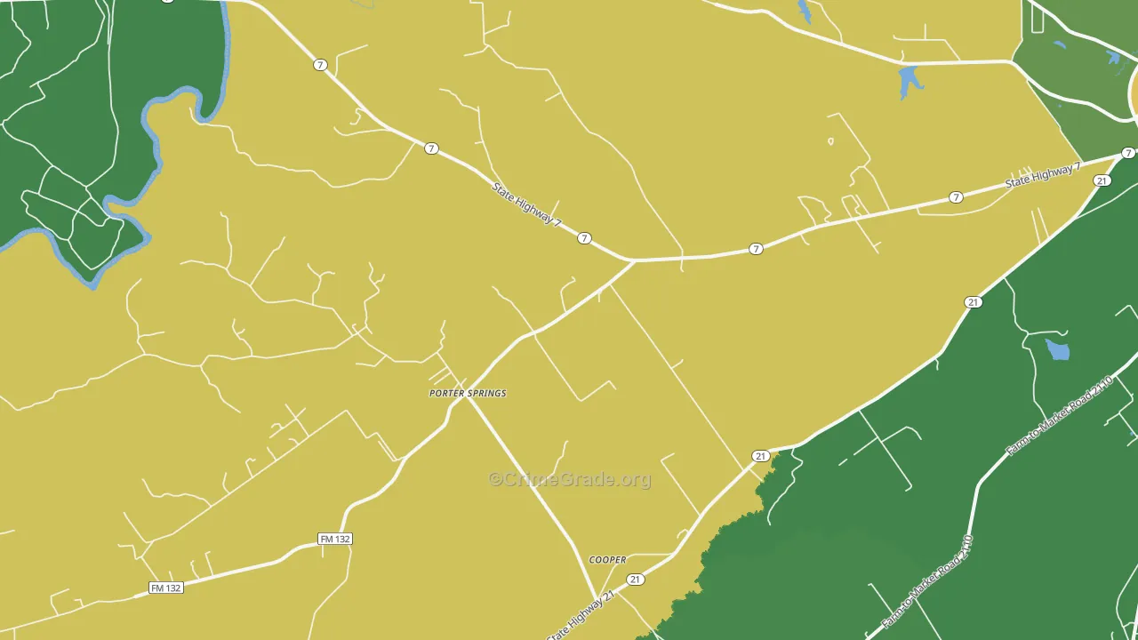 Porter Springs, TX Map of Vehicle Theft Rates