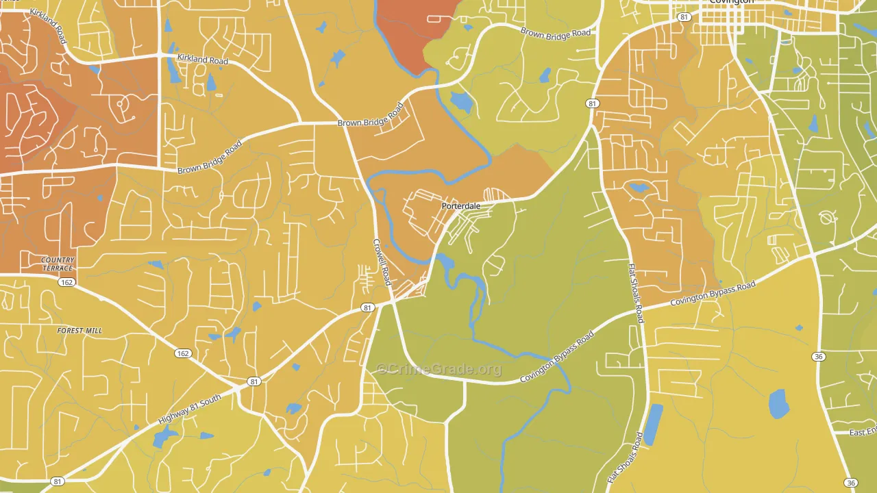 Porterdale, GA Map of Vehicle Theft Rates