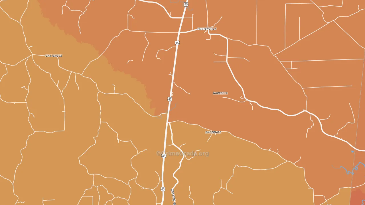 Porterville, MS Map of Vehicle Theft Rates