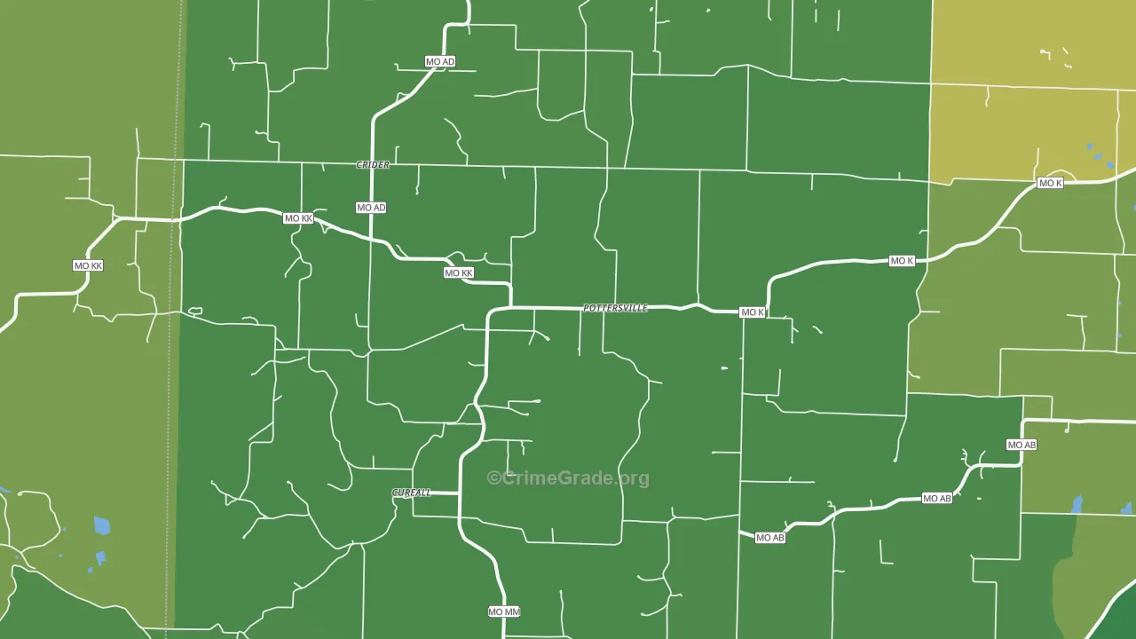 Pottersville, MO Map of Vehicle Theft Rates