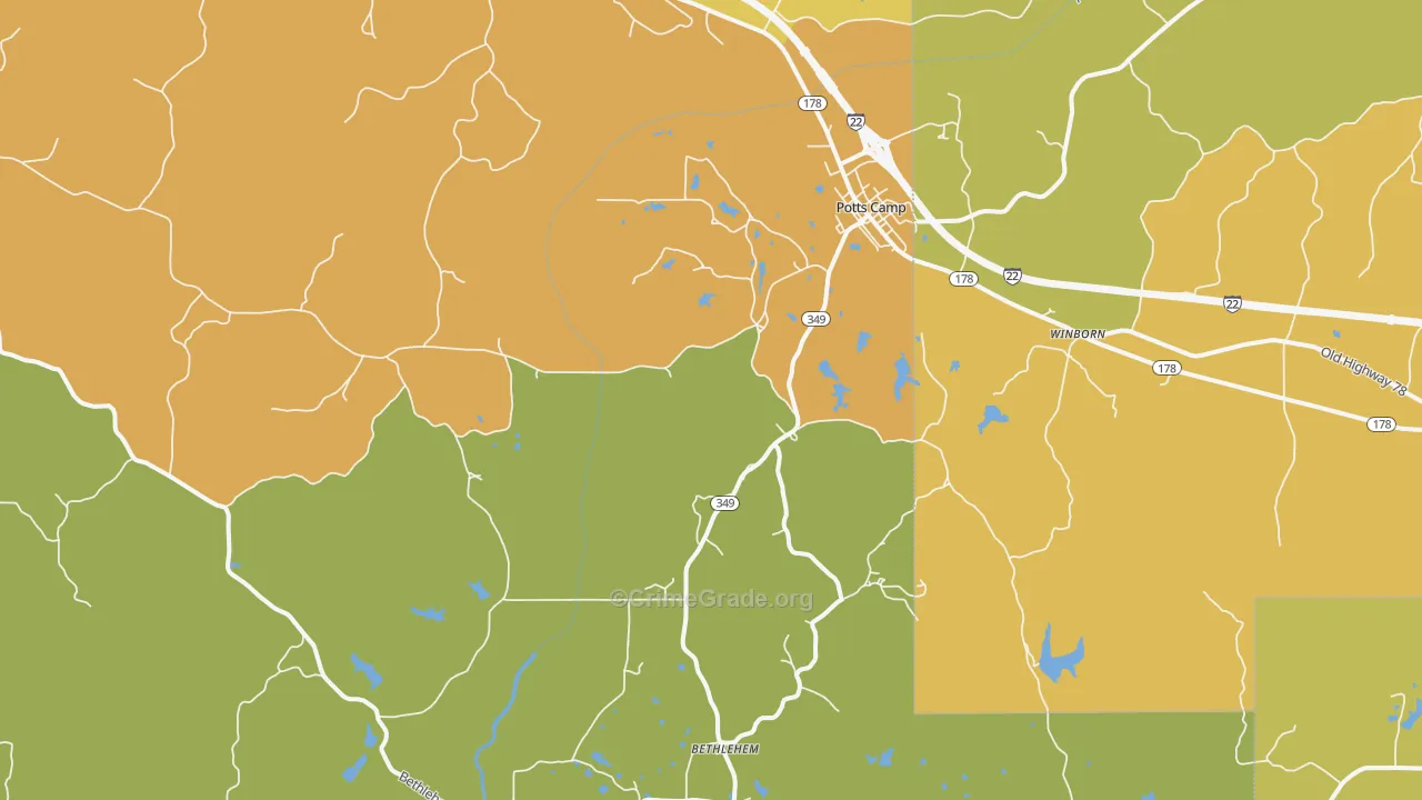 Potts Camp, MS Map of Vehicle Theft Rates
