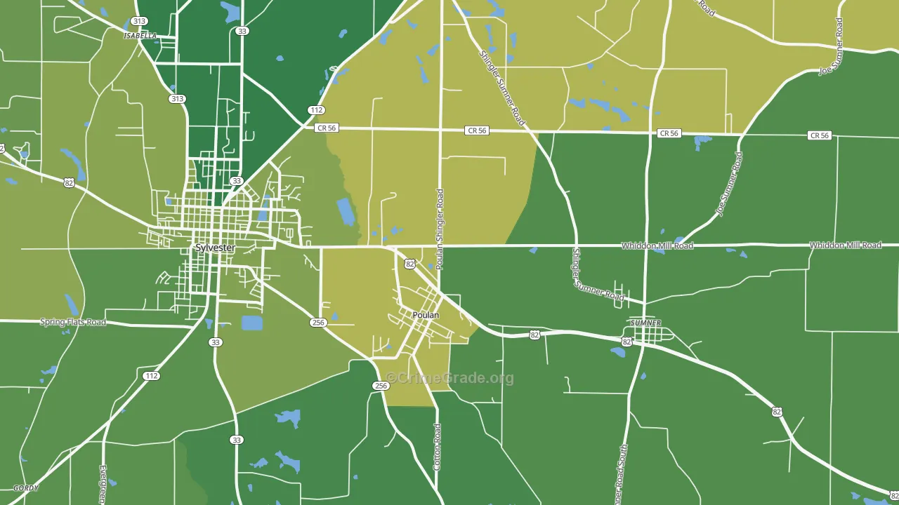 Poulan, GA Map of Vehicle Theft Rates
