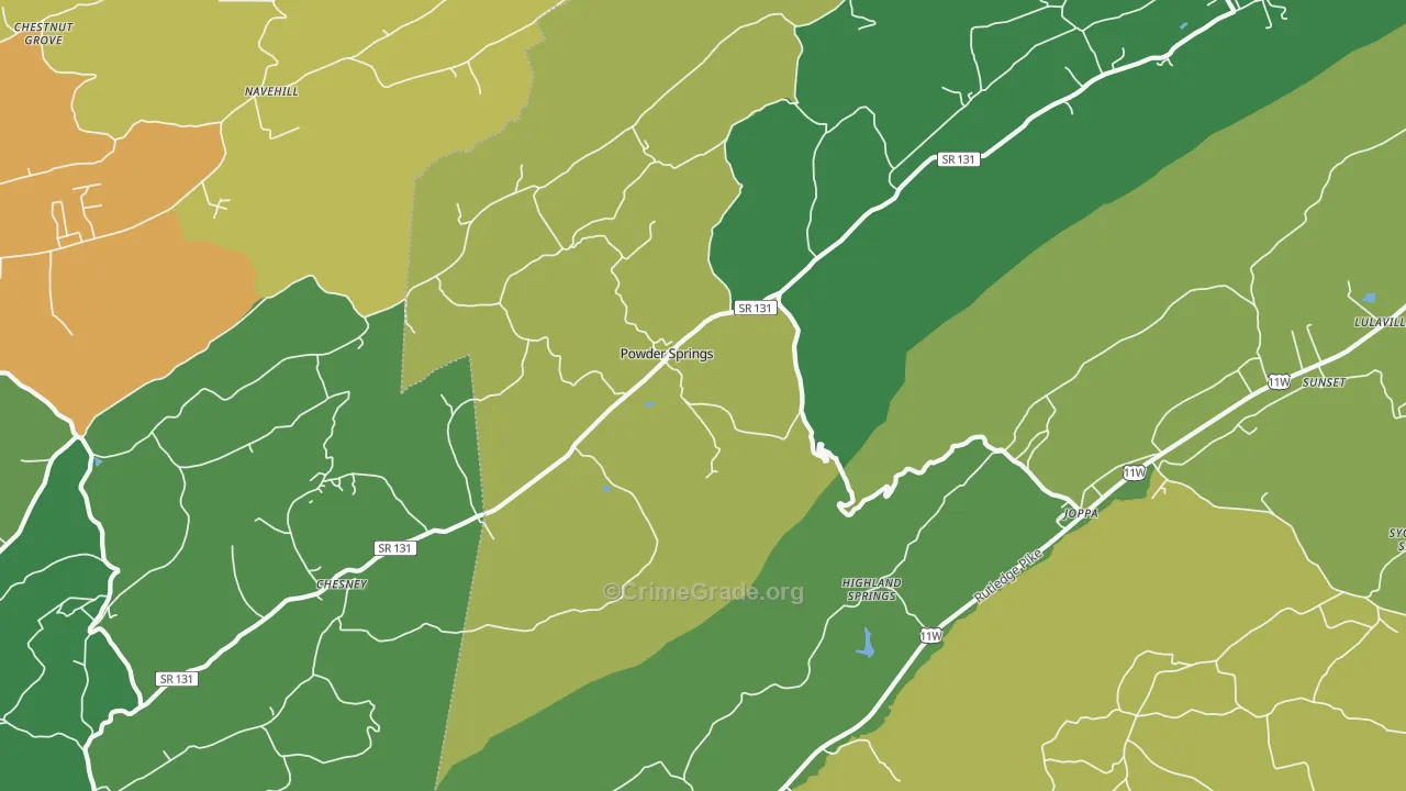 Powder Springs, TN Map of Vehicle Theft Rates