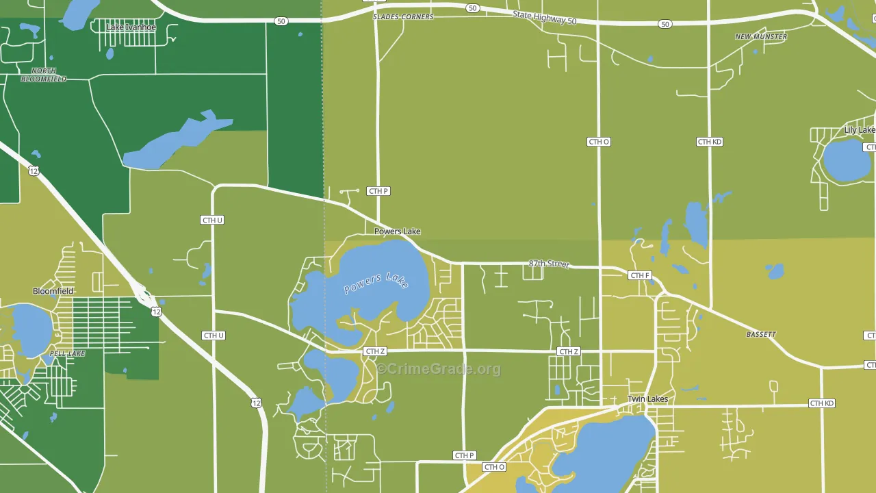 Powers Lake, WI Map of Vehicle Theft Rates