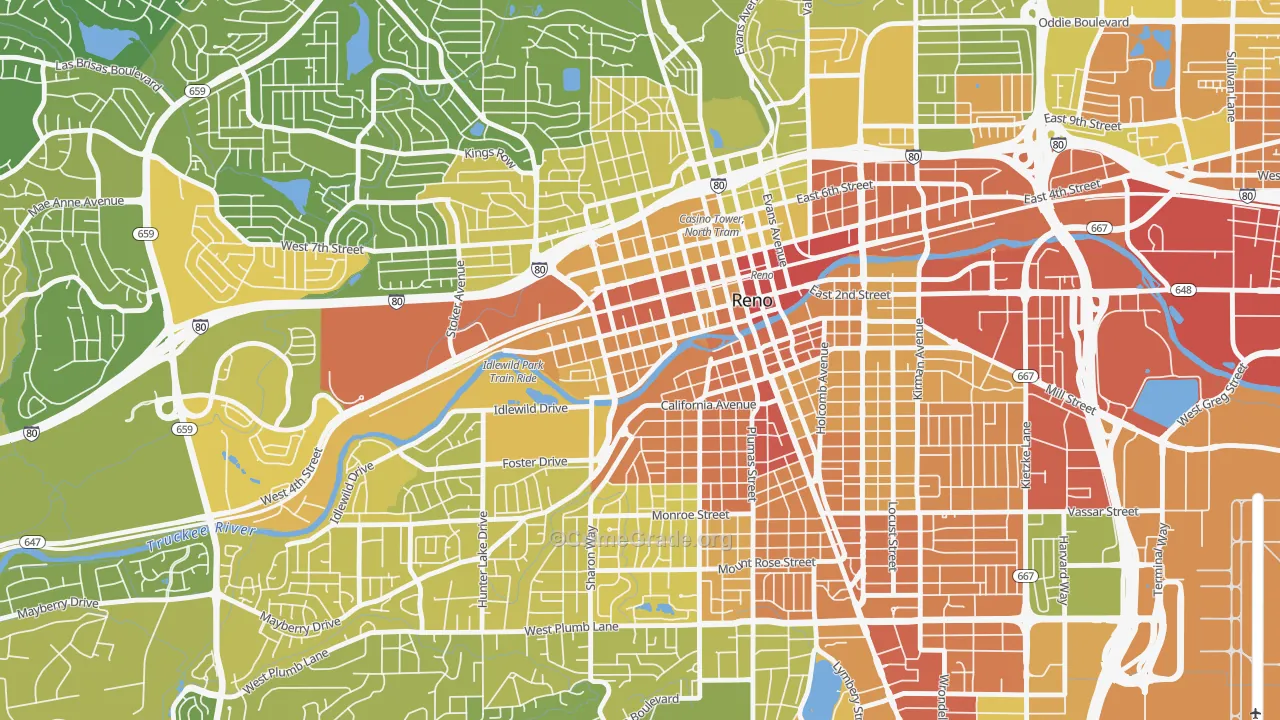 Powning Addition, Reno, NV Map of Vehicle Theft Rates