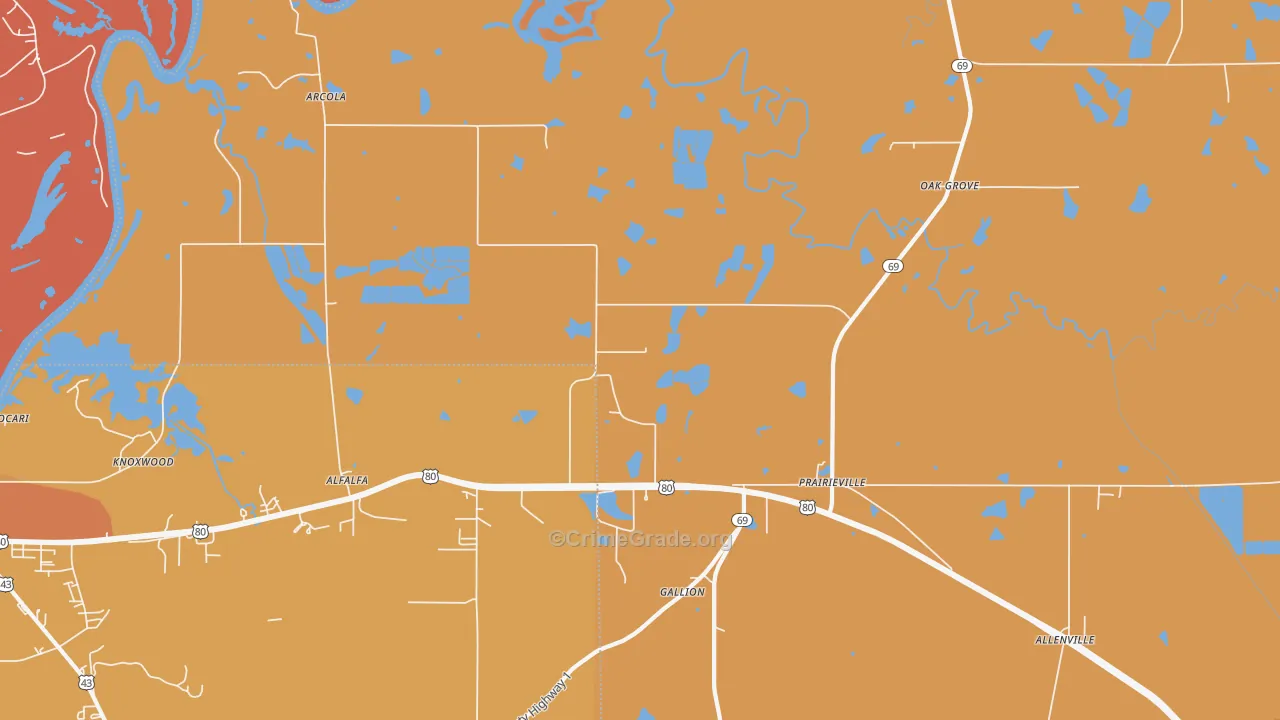Prairieville, AL Map of Vehicle Theft Rates