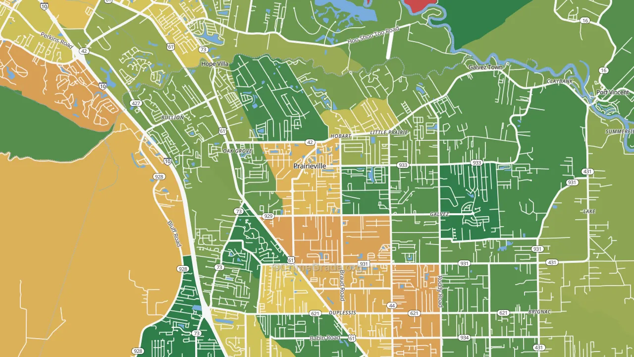 Prairieville, LA Map of Vehicle Theft Rates