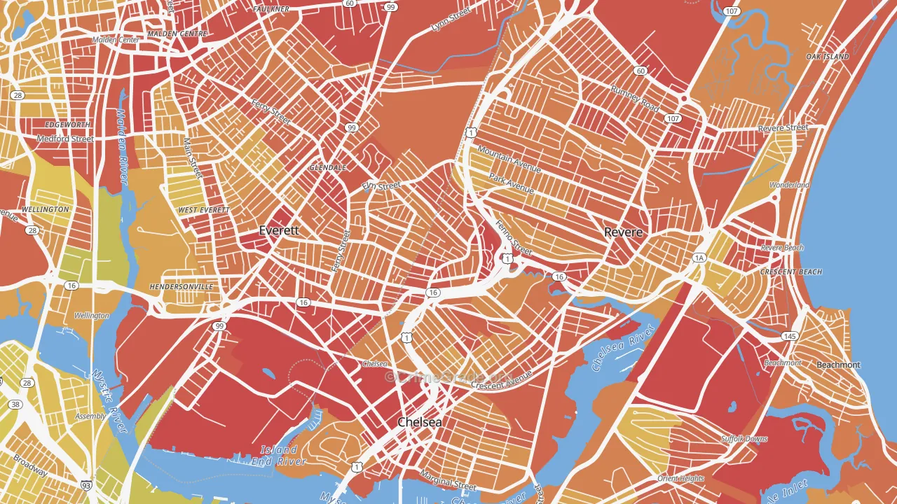 Prattville, Chelsea, MA Map of Vehicle Theft Rates