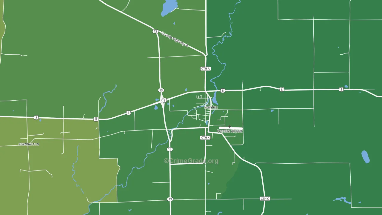 Prentice, WI Map of Vehicle Theft Rates
