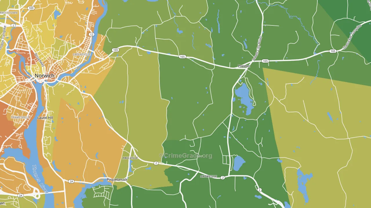 Preston, CT Map of Vehicle Theft Rates