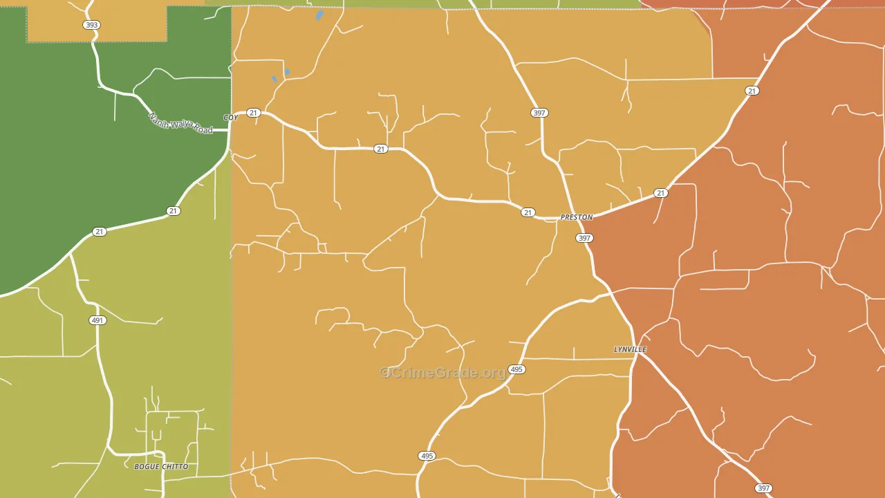 Preston, MS Map of Vehicle Theft Rates