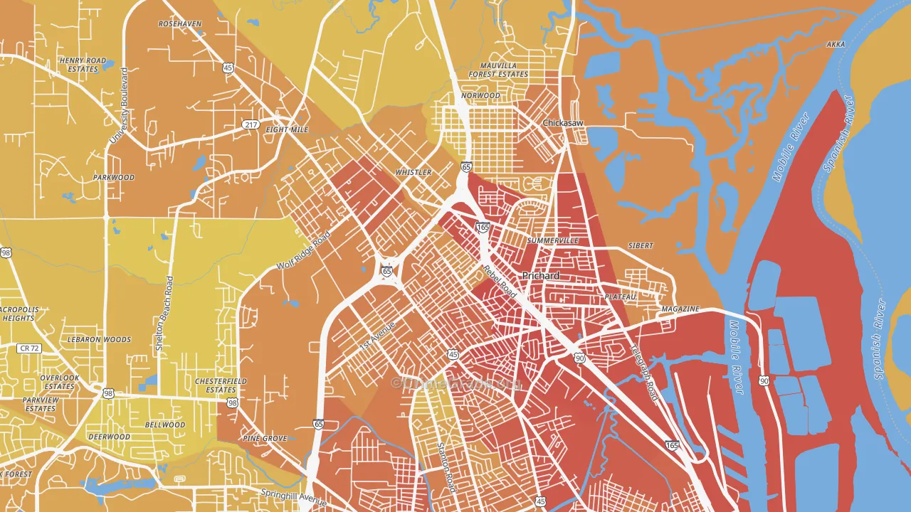 Prichard, AL Map of Vehicle Theft Rates
