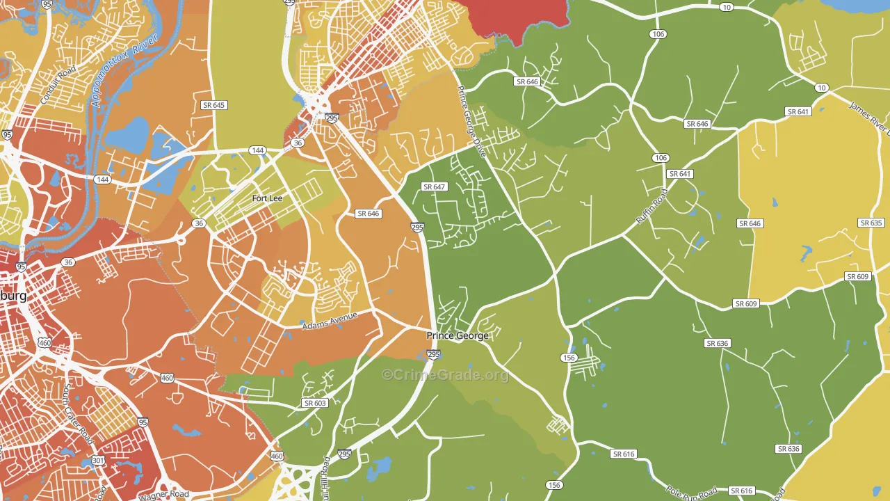 Prince George, VA Map of Vehicle Theft Rates