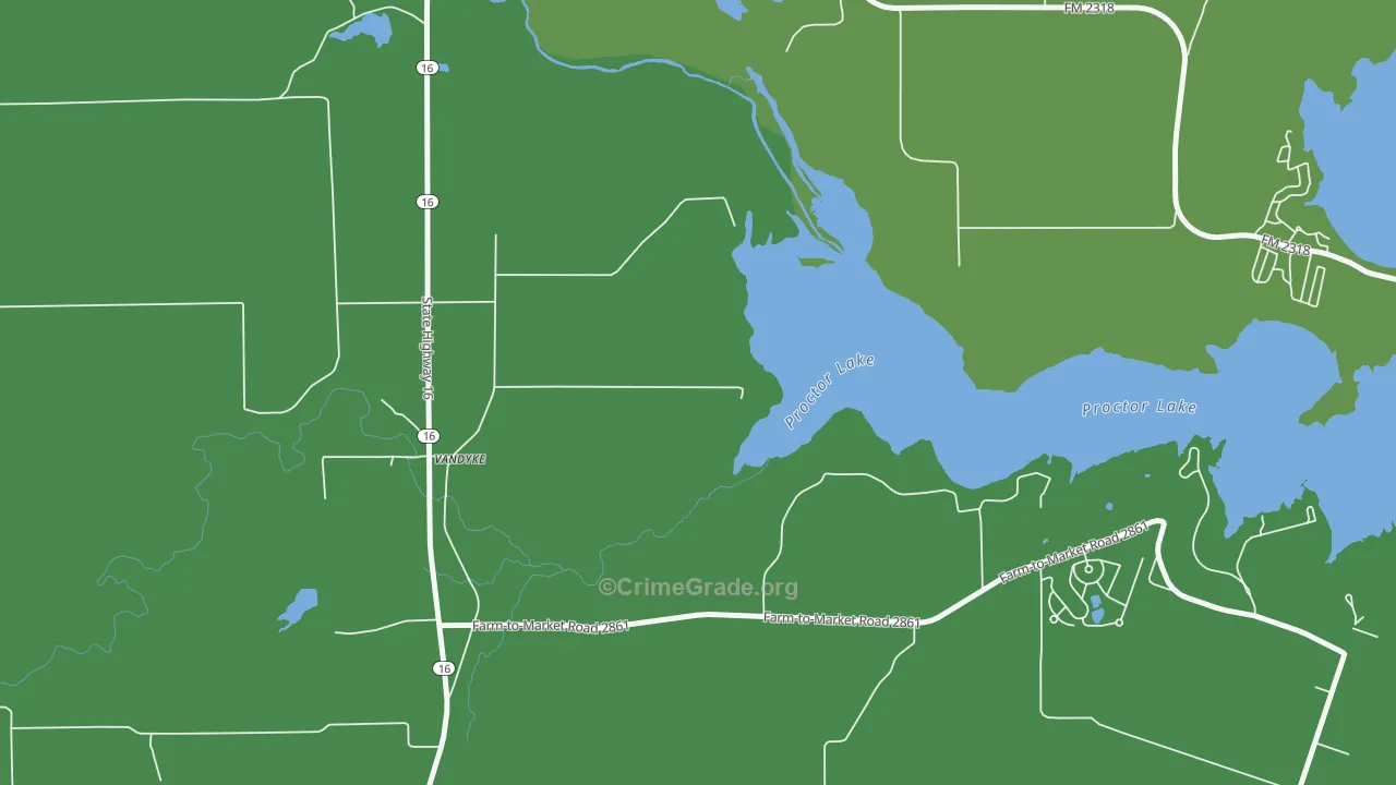 Proctor, TX Map of Vehicle Theft Rates