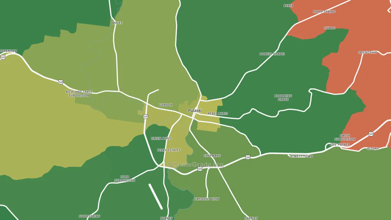 Pulaski, TN Map of Vehicle Theft Rates