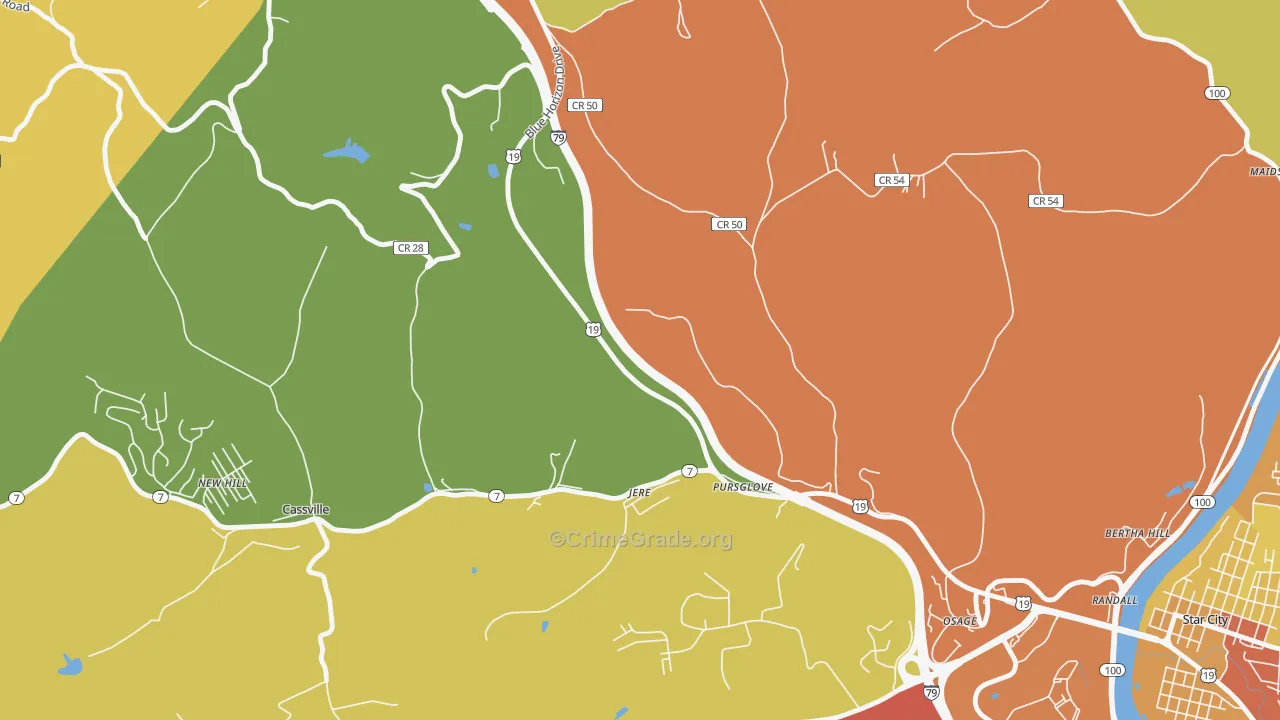 Pursglove, WV Map of Vehicle Theft Rates