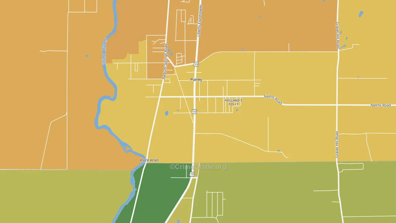 Putney, GA Map of Vehicle Theft Rates