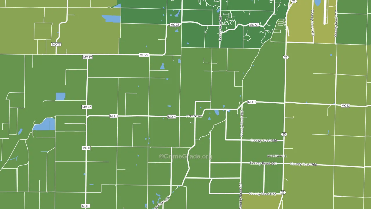 Pyletown, MO Map of Vehicle Theft Rates