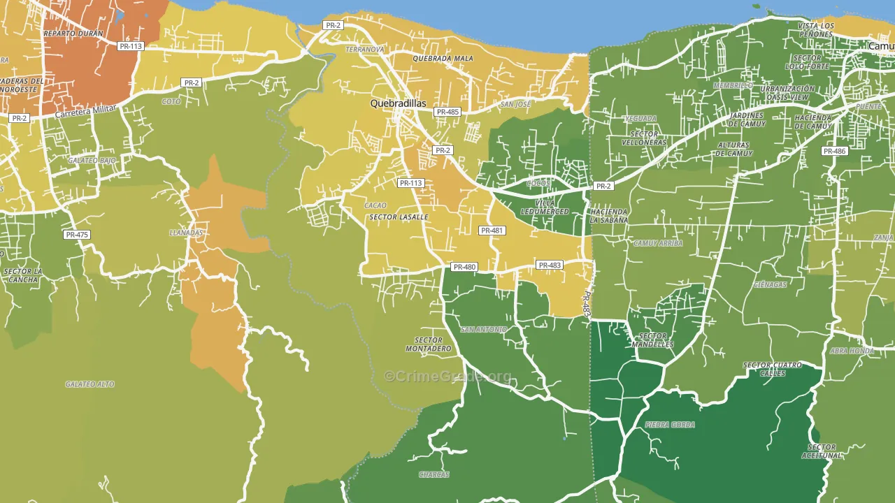 Quebradillas, PR Map of Vehicle Theft Rates