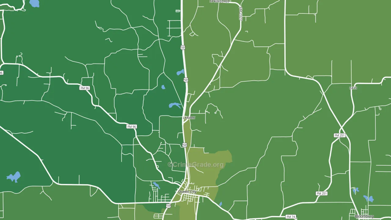 Queen City, TX Map of Vehicle Theft Rates