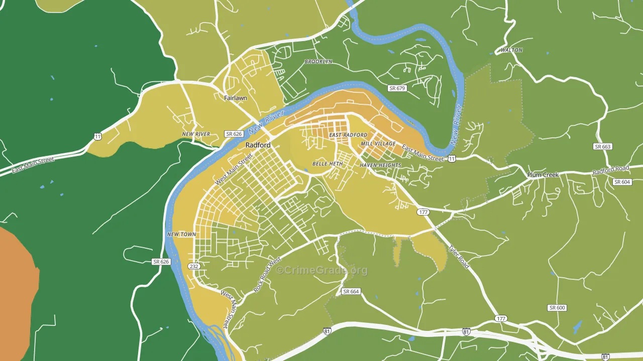 Radford City, VA Map of Vehicle Theft Rates