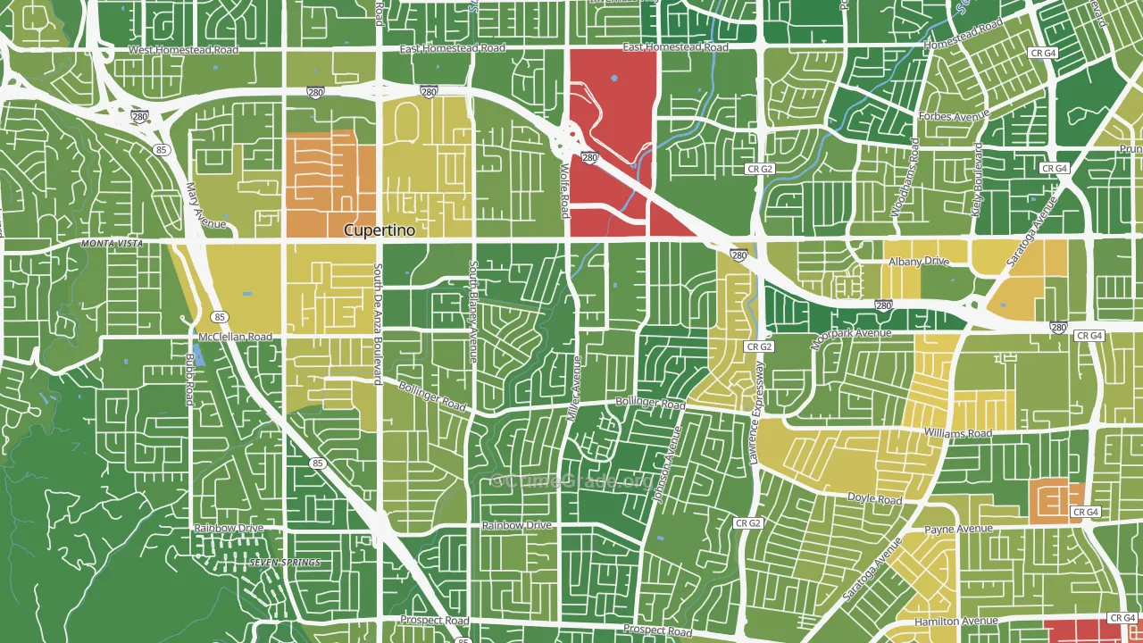Rancho Rinconada, Cupertino, CA Map of Vehicle Theft Rates