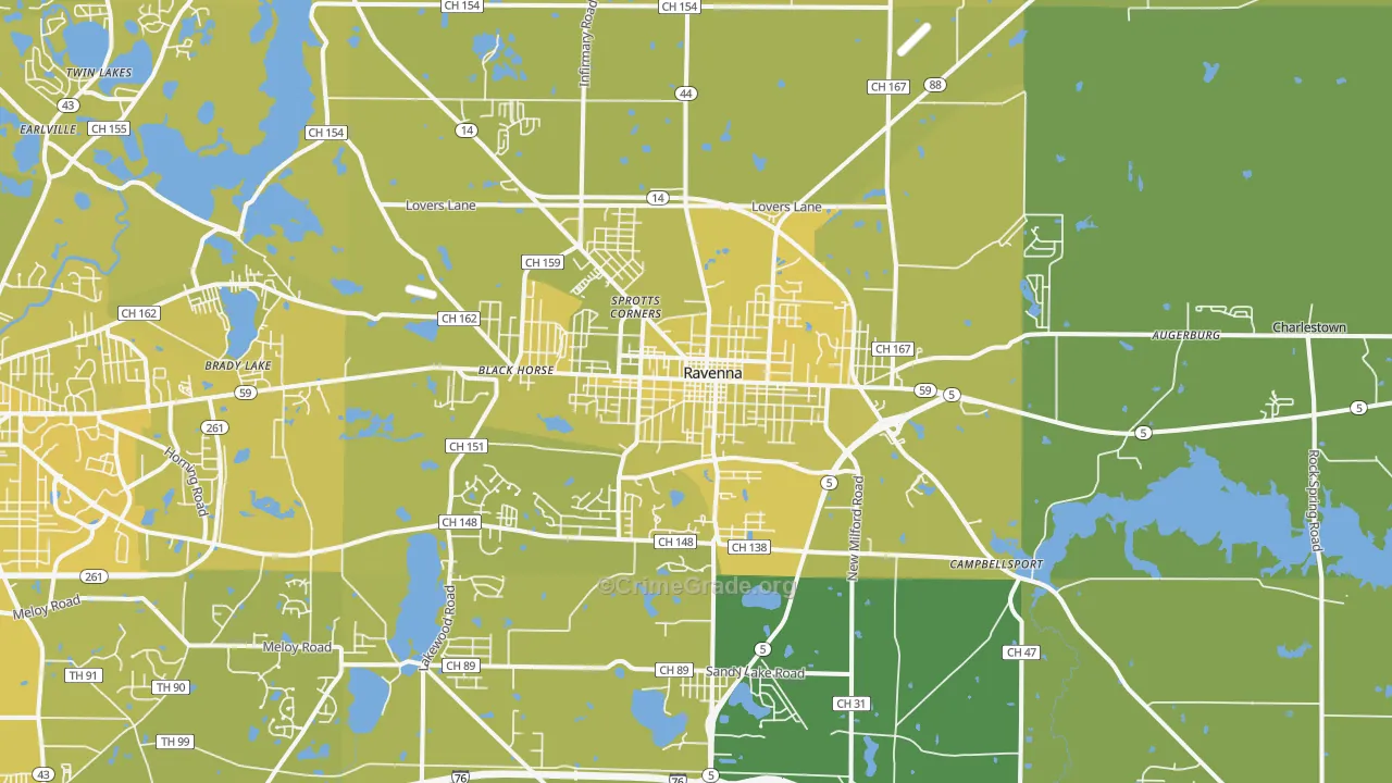 Ravenna, OH Map of Vehicle Theft Rates