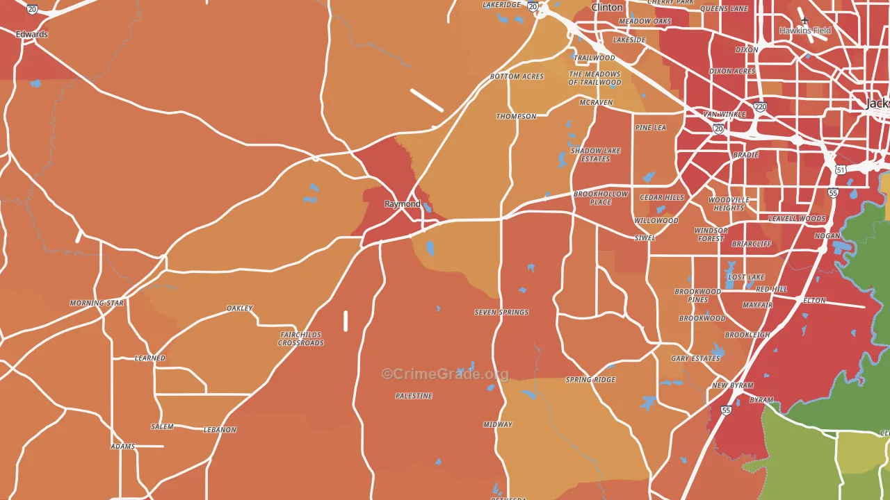 Raymond, MS Map of Vehicle Theft Rates