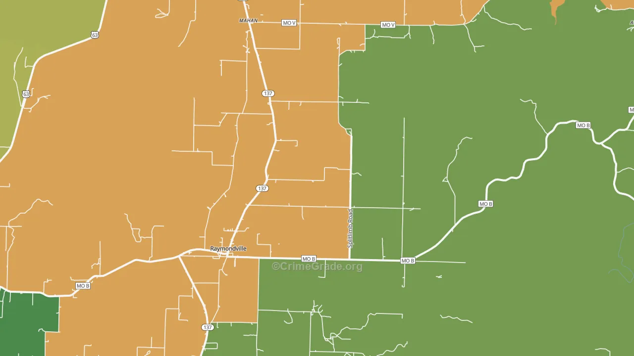 Raymondville, MO Map of Vehicle Theft Rates