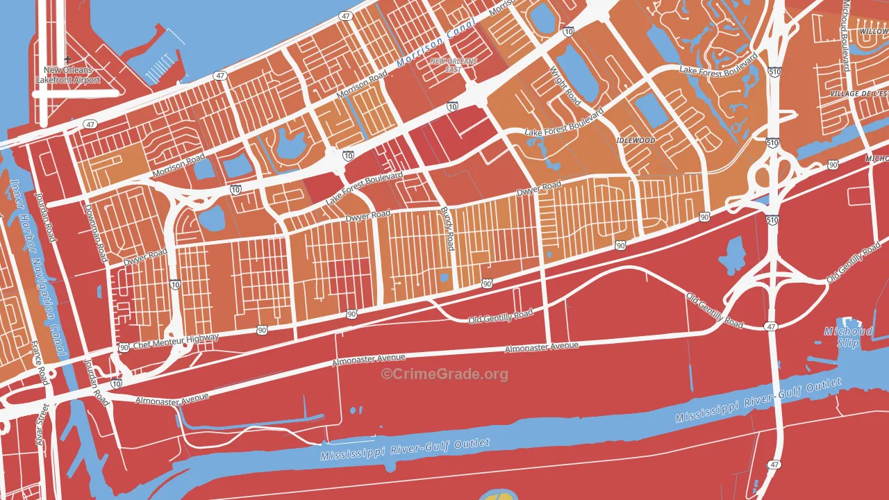 Read Blvd West, New Orleans, LA Map of Vehicle Theft Rates