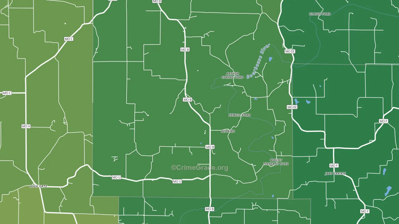 Red Bird, MO Map of Vehicle Theft Rates