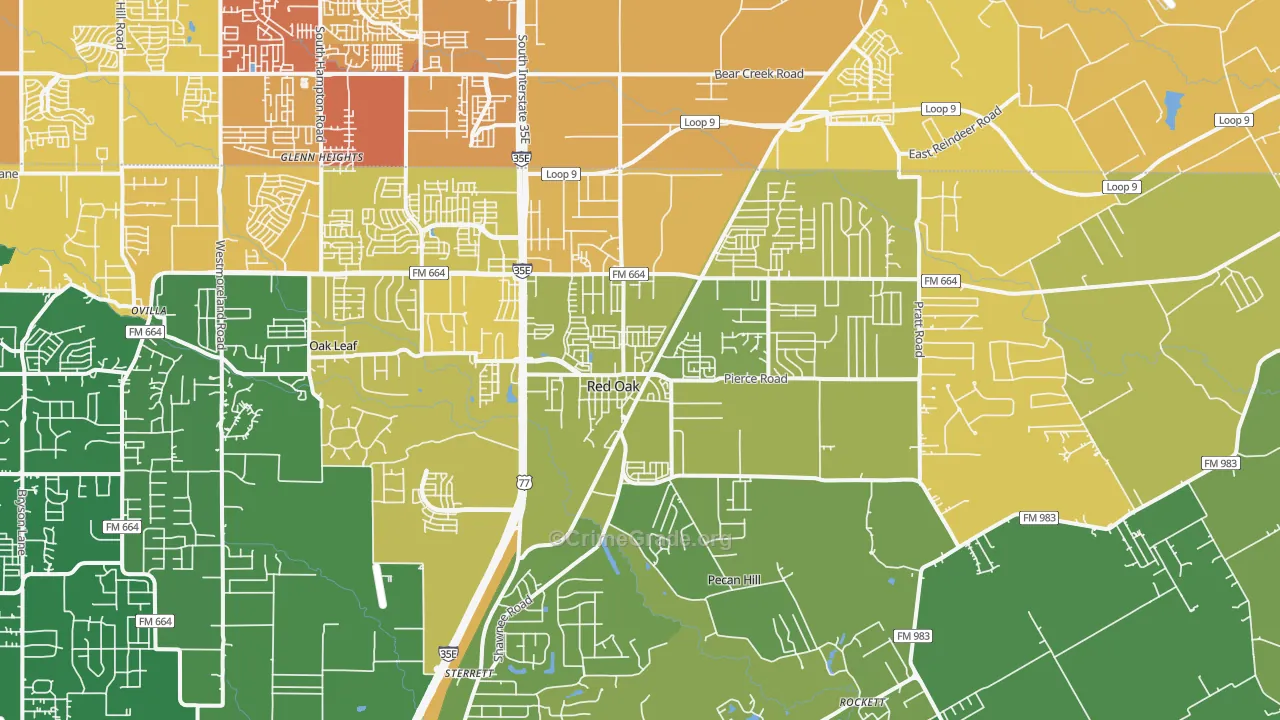 Red Oak, TX Map of Vehicle Theft Rates