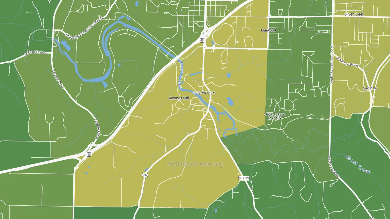 Redings Mill, MO Map of Vehicle Theft Rates