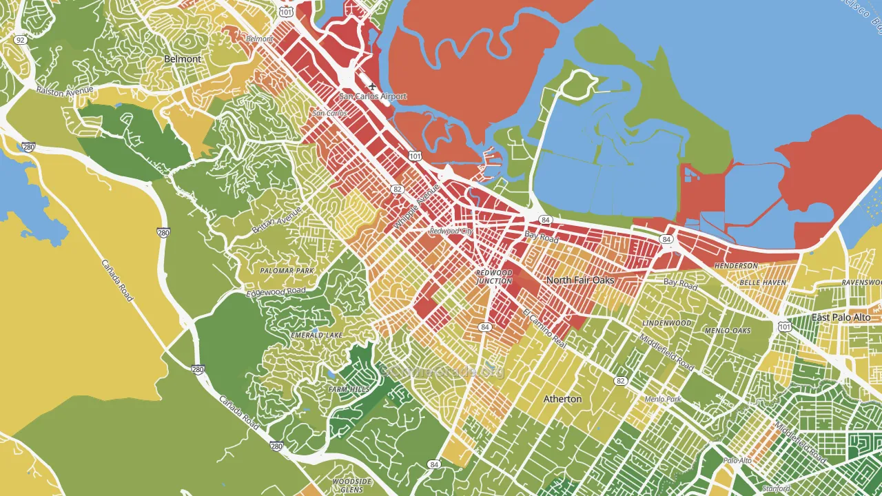 Redwood City, CA Map of Vehicle Theft Rates