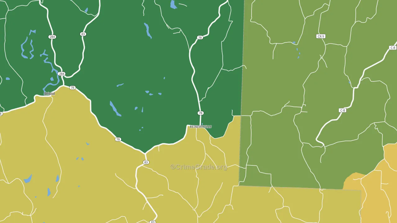 Reinersville, OH Map of Vehicle Theft Rates