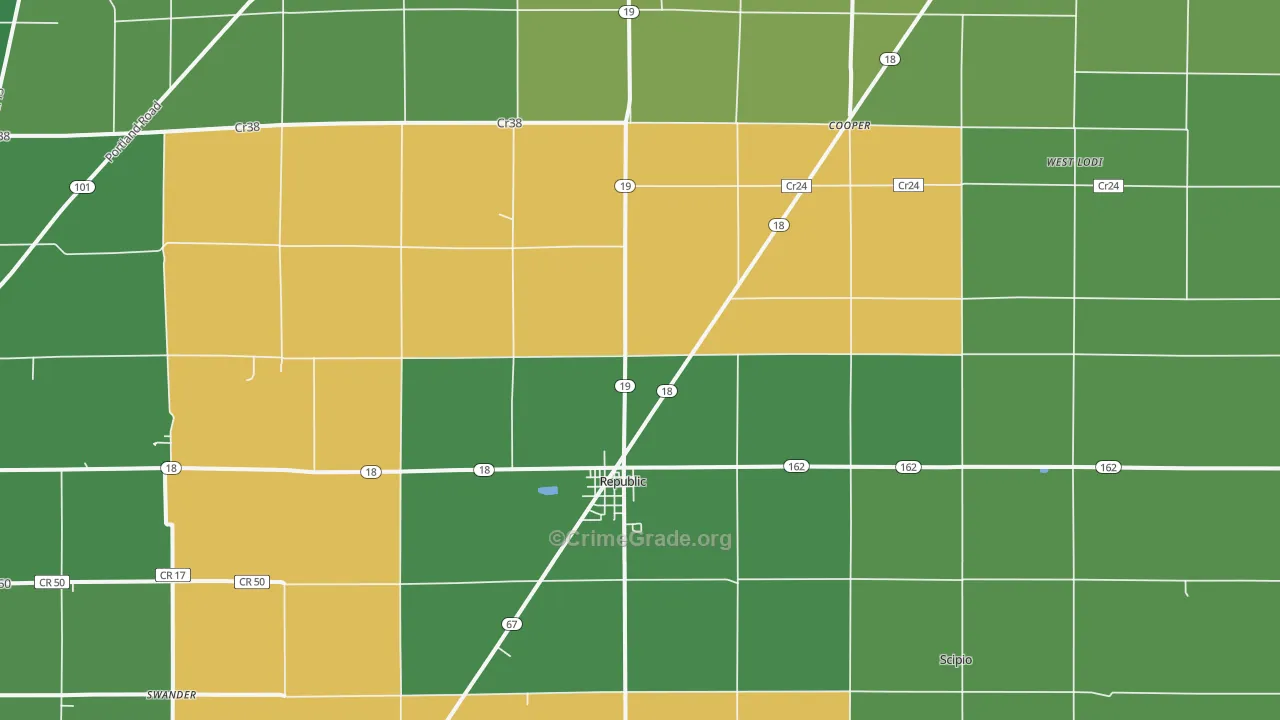 Republic, OH Map of Vehicle Theft Rates