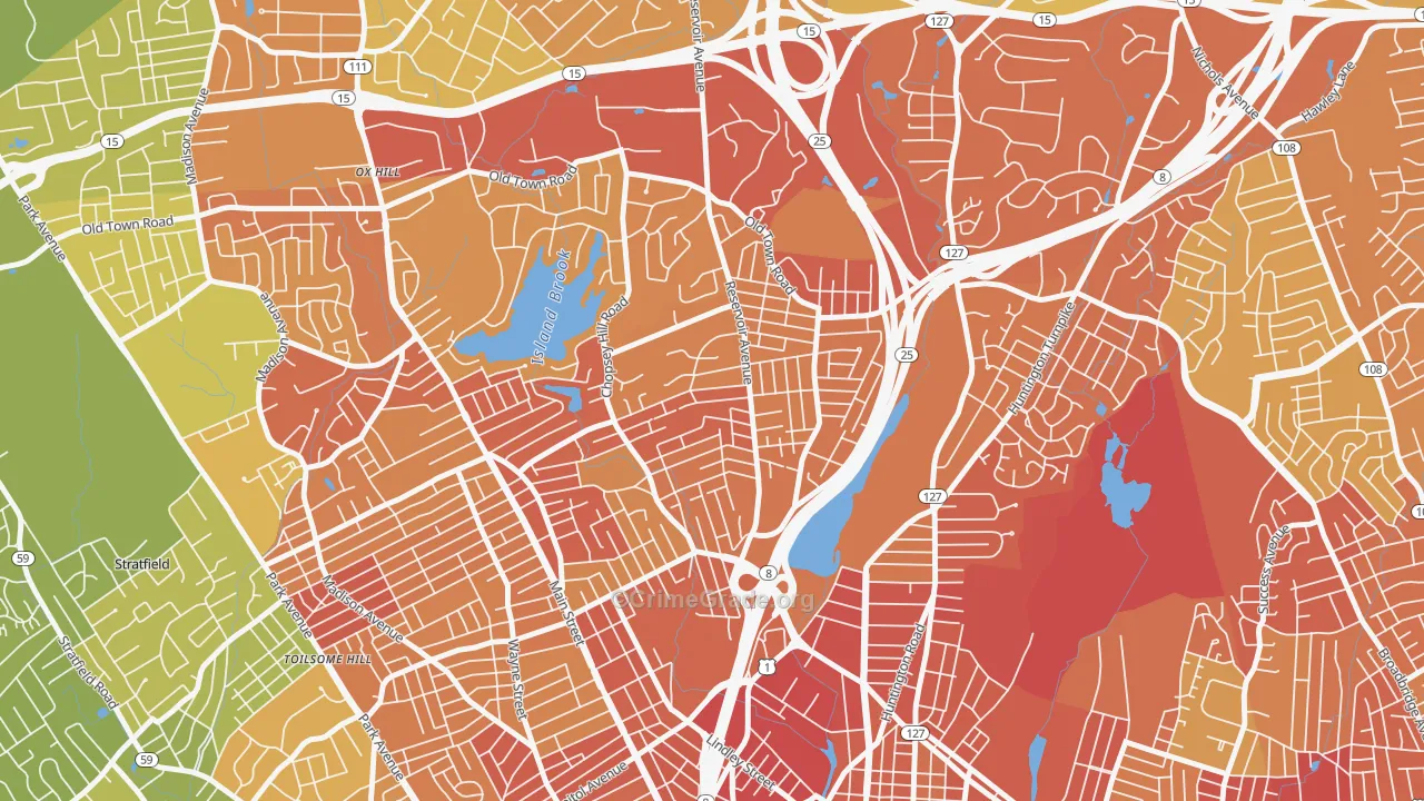 Reservoir-Whiskey Hill, Bridgeport, CT Map of Vehicle Theft Rates
