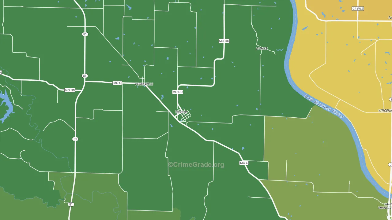 Revere, MO Map of Vehicle Theft Rates