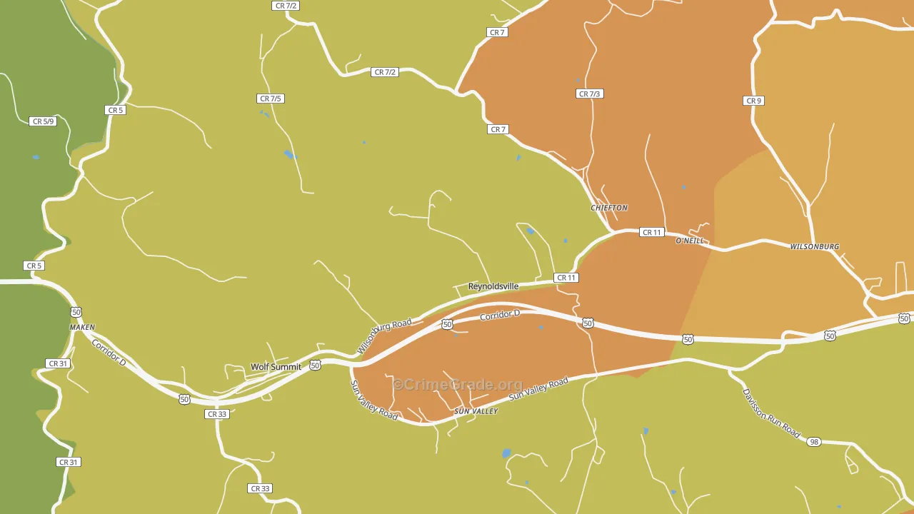 Reynoldsville, WV Map of Vehicle Theft Rates