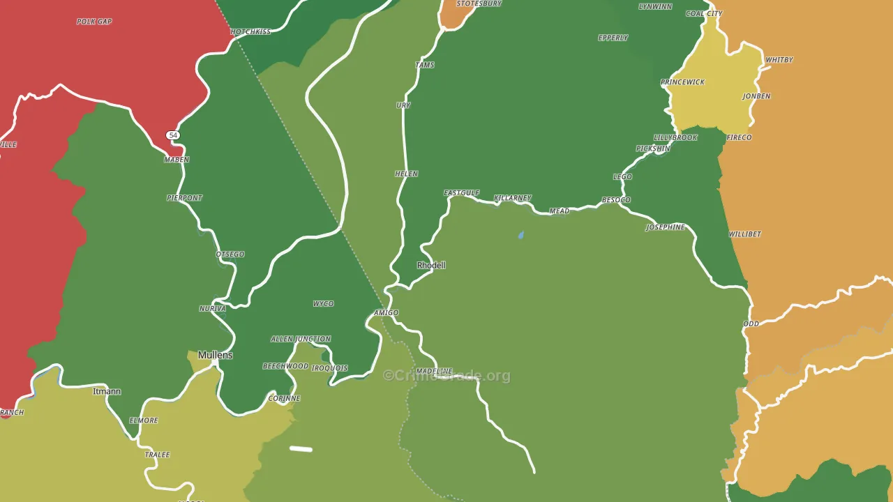 Rhodell, WV Map of Vehicle Theft Rates