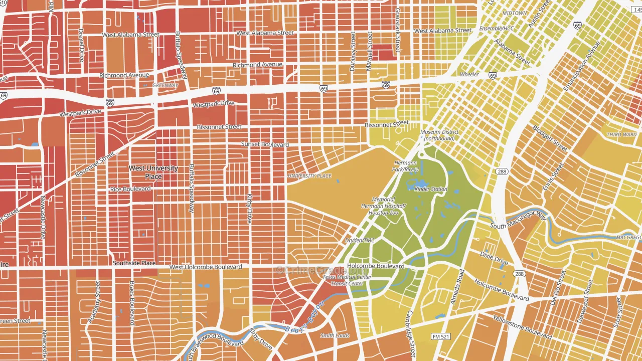 Rice, Houston, TX Map of Vehicle Theft Rates
