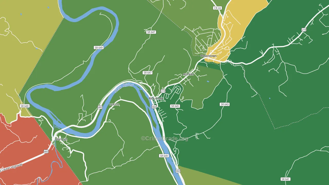Rich Creek, VA Map of Vehicle Theft Rates